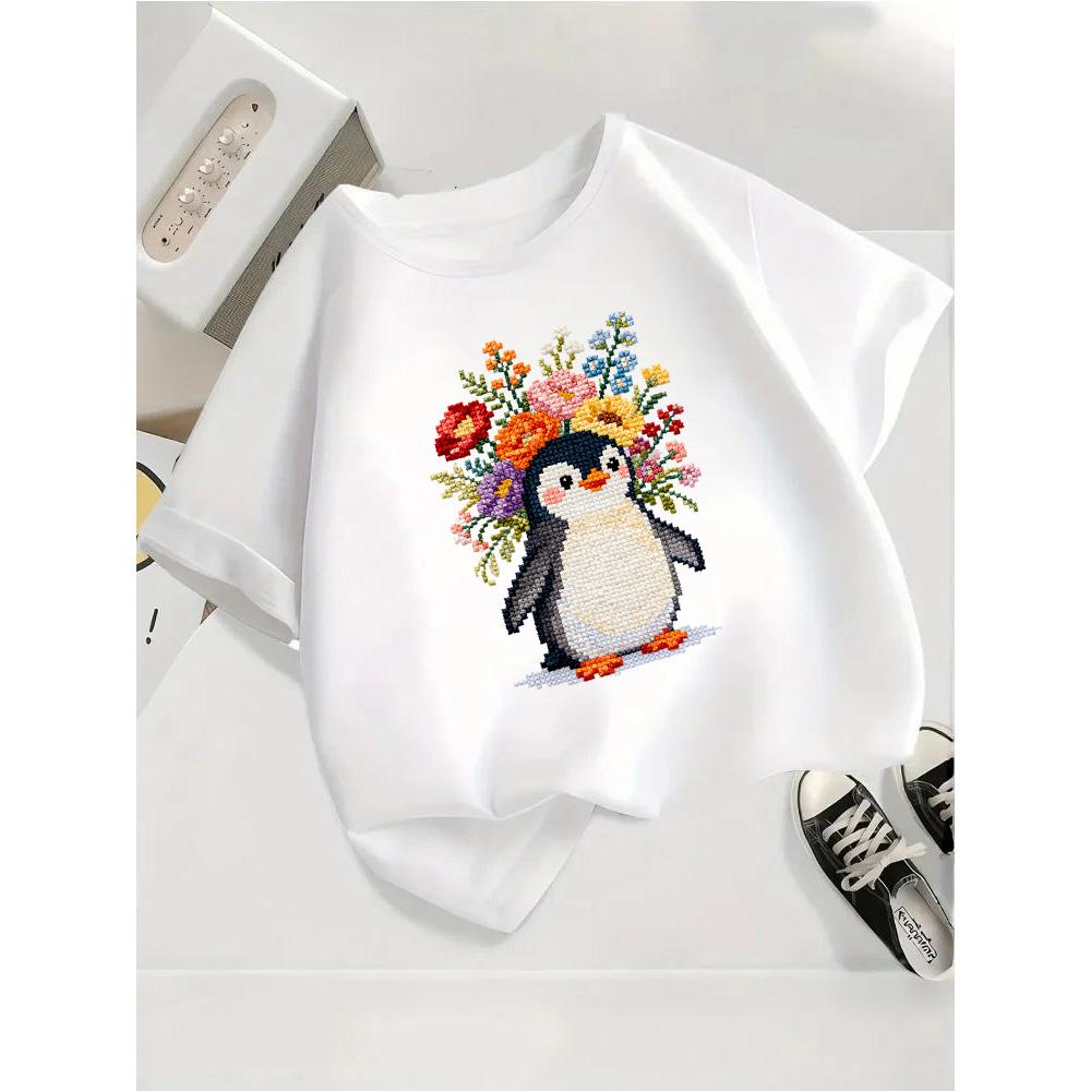 

Summer Children s T-shirt Loose Comfortable Fashionable Simple Versatile Penguin Print Versatile Short Sleeved Top 110