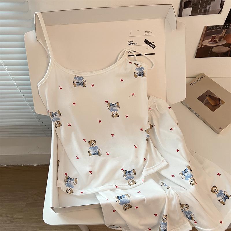 Cute Korean Style Women's Short-Sleeved Camisole Pajama Set with Chest Pads, Imitation Cotton