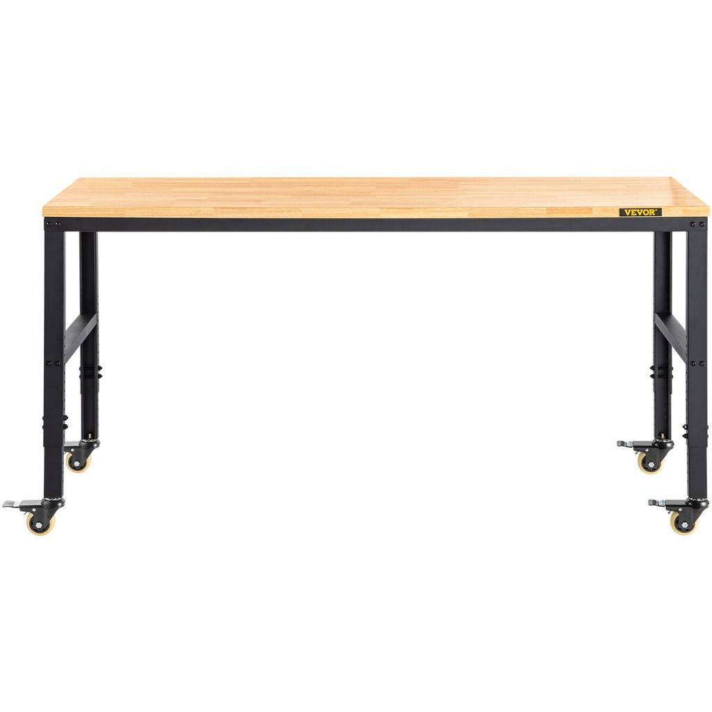 Workbench Adjustable Height, 155 x 51 cm Garage Table w/ 80 – 105 cm Heights & 720KG Capacity, with Power Outlets & Hardwood Top & Metal Frame &