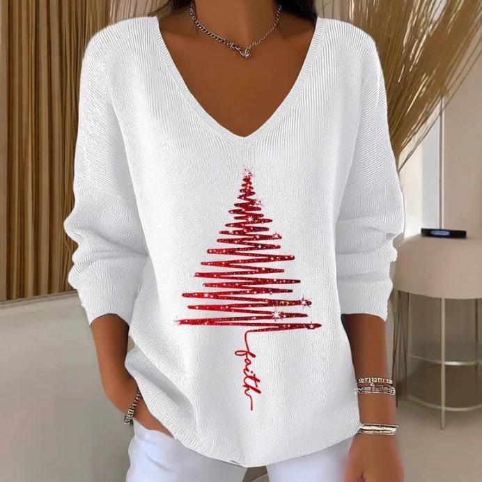 2025 3D Print V-Neck Drop Shoulder Christmas Pullover for Women