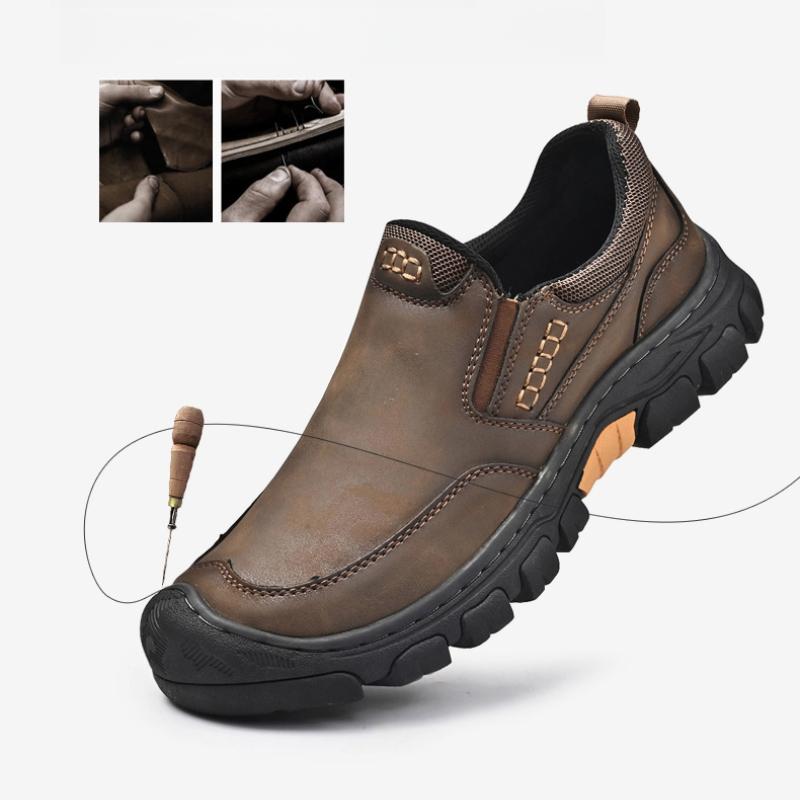 Hand Stitched Male's Leather Hiking Boots Outdoor Sneakers Walking Shoes Antiskid Travel Trainers Men's Slip On Shoes