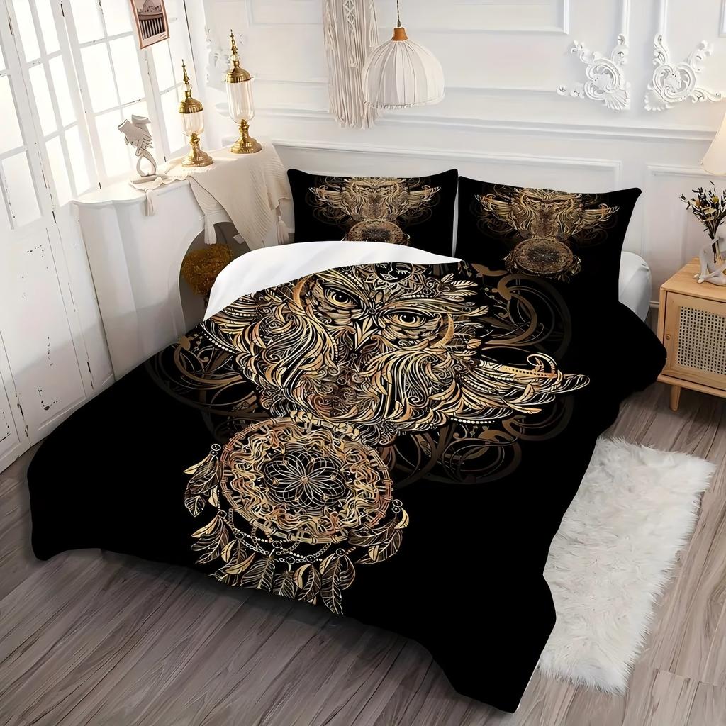 Comforter Golden Abstract Owl Pattern 3D Printed Retro Style Breathable Bedding Set Luxury Home Textile