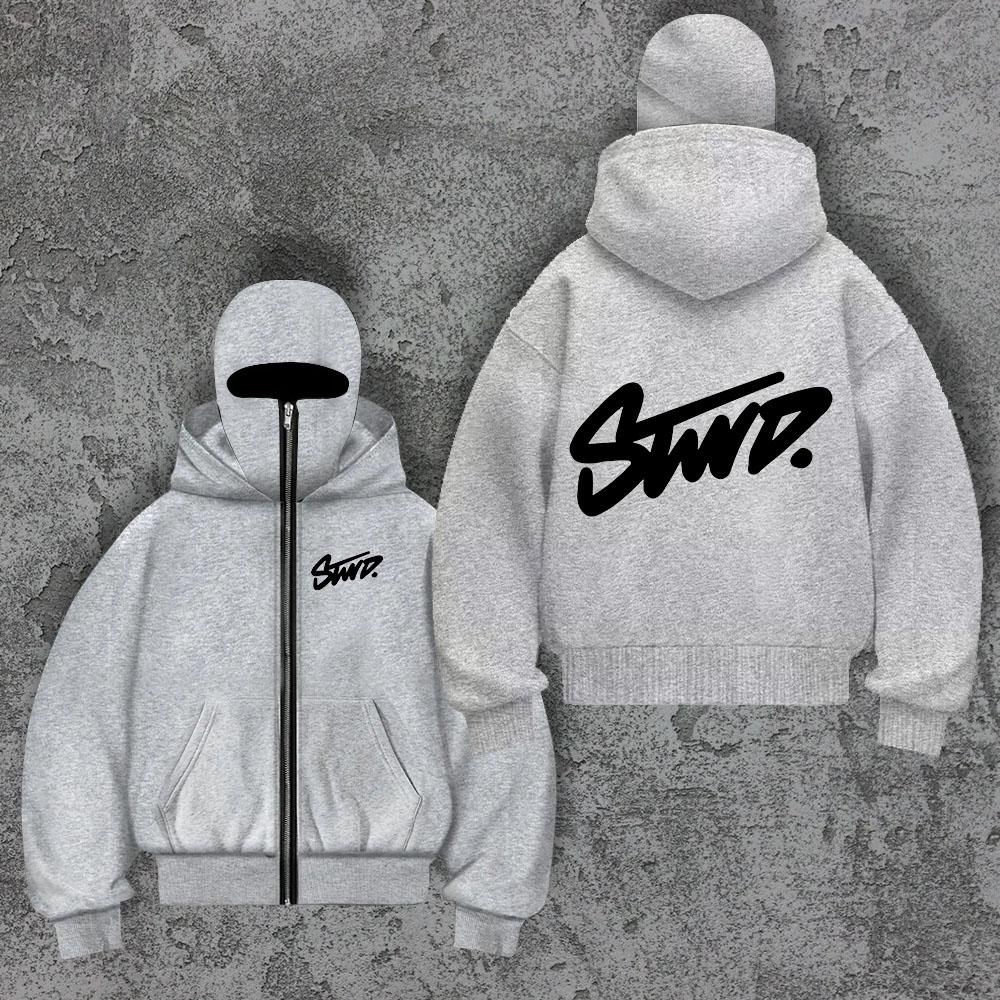 American Casual Sports Jacket Y2K Style Hooded Mask with Double Hood Zipper Design, Outdoor Letter Swd Printed Zipper Sweater