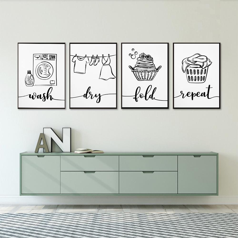 Wash Dry Fold Repeat Canvas Painting Poster Black and White Quote Wall Art Picture For Laundry Room Utility Room Home Decoration