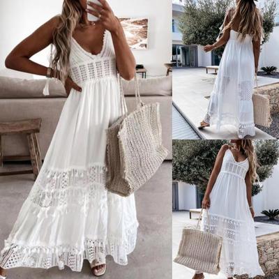 Beach Dress Hollow Out Lace Summer V Neck Long Dress for Party