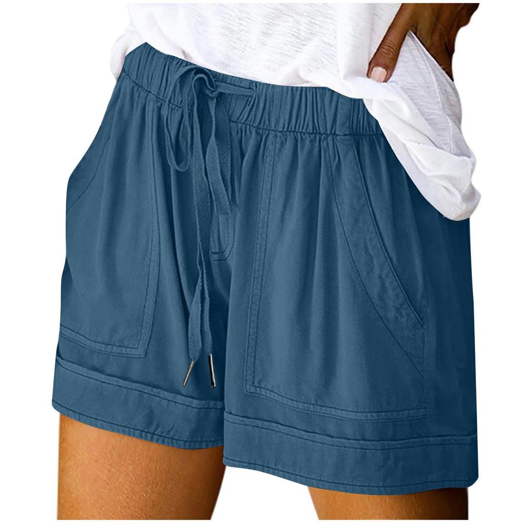 Women's Fashion Solid Color Drawstring Strap Pocket Casual Shorts