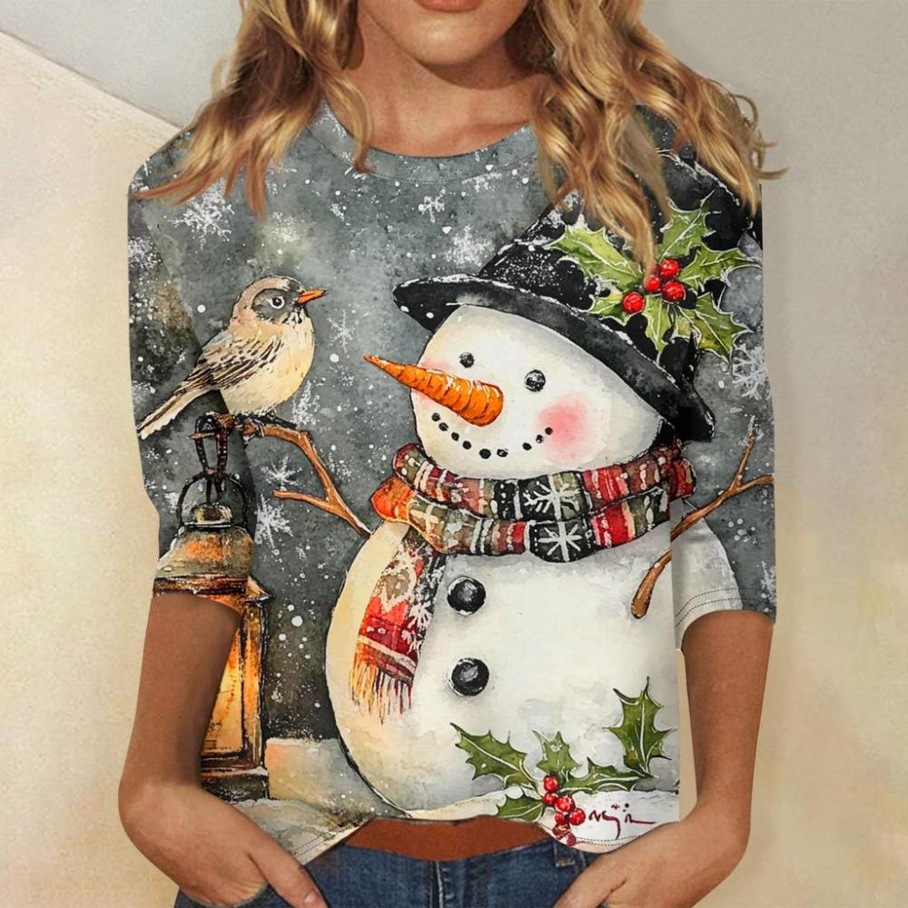Christmas Limited Edition Women's 3D Snowflake and Snowman Print Round Neck Long Sleeve Hoodies Fashion Casual Long Sleeve Top