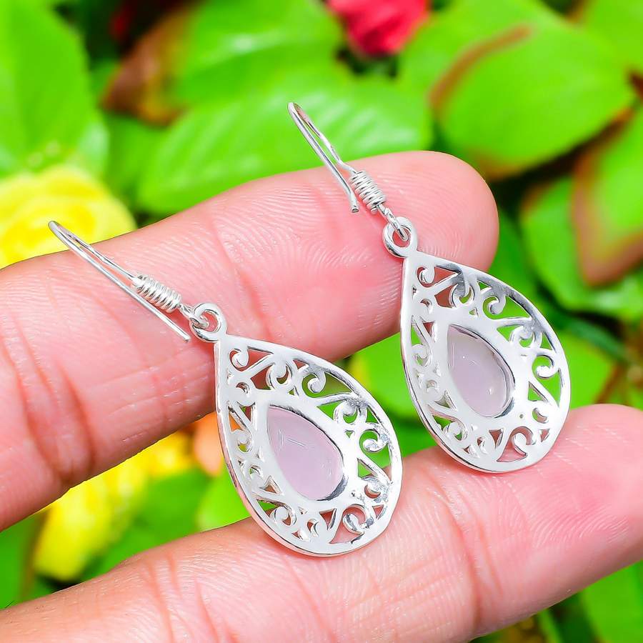 Natural Rose Quartz Gemstone Handmade 925 Sterling Silver Earring 1.65" L2E70
