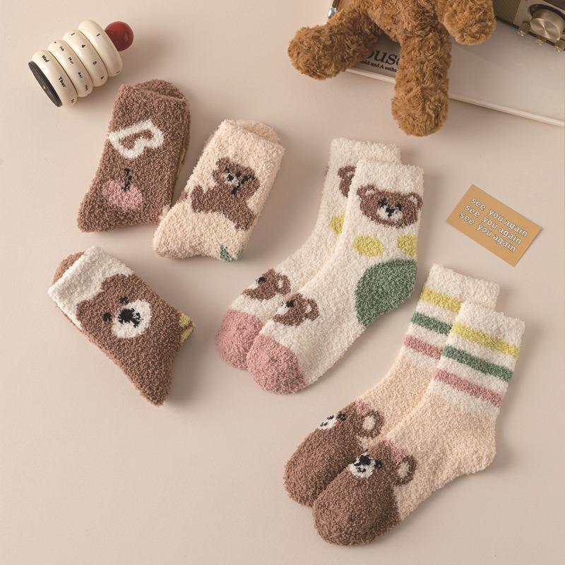 Coral fleece autumn and winter socks women's fleece thickened cartoon bear medium tube socks warm and comfortable home sleeping floor socks
