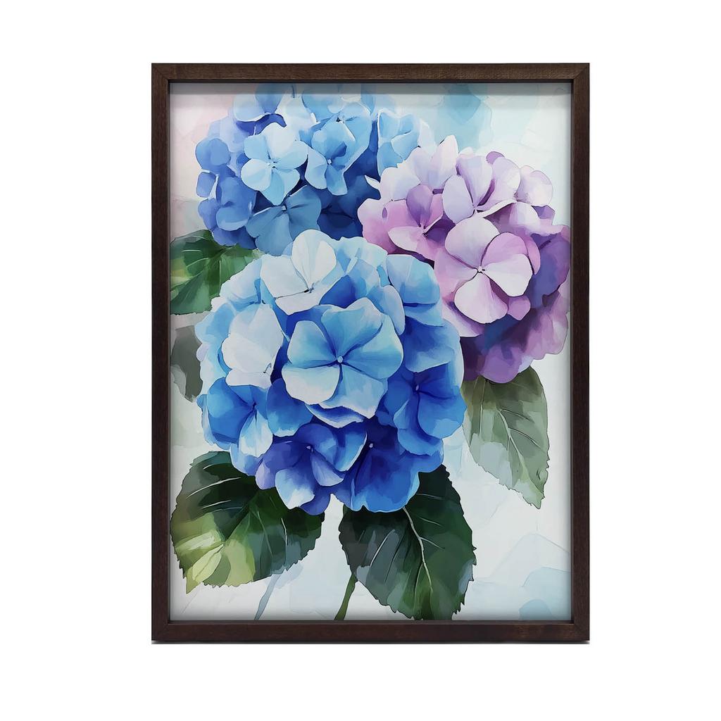 Hortensienblüten in Pastellfarben Hortensienblüten in Pastellfarben, 70X100 cm, Holzrahmen Dunkelbraun, Mattes Papier 230 g/m²