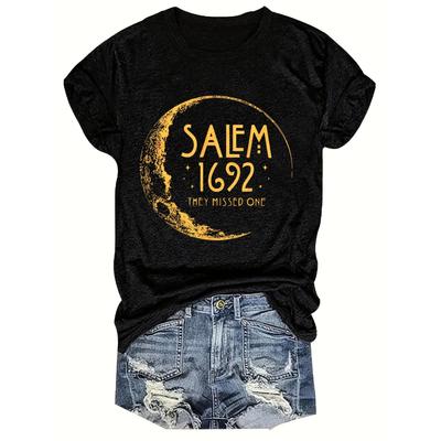 Moon Letter Print Crew Neck T-Shirt Soft Short Sleeve Casual Tee for Spring Summer Womens Clothing
