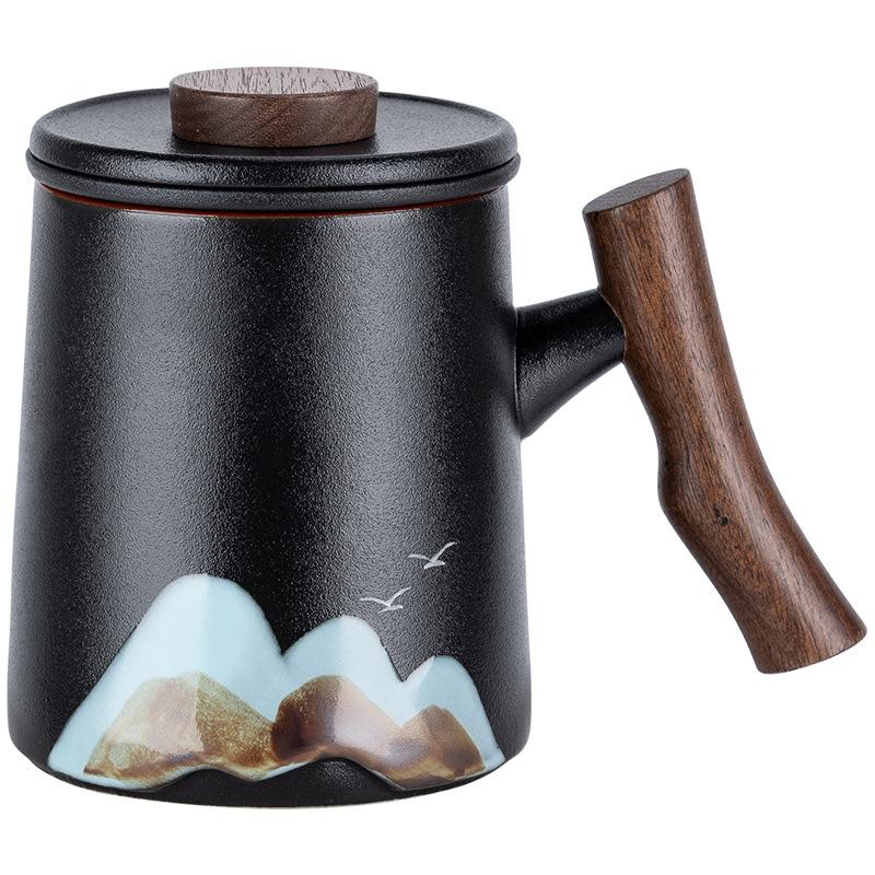 Ceramic Tea Water Separation Tea Cup Office Cup Mug High Value Cup Wooden Handle Water Cup Tea Cup Gift