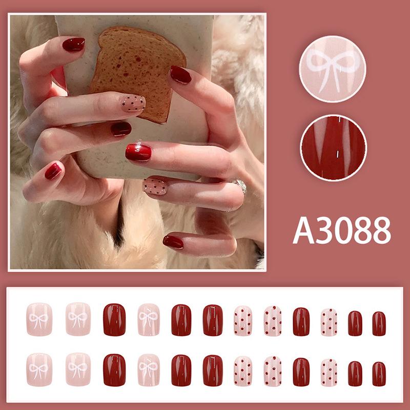 24Pcs Red Polka Dot Nude Pink Bow Short Square False Nails With Jelly Adhesive Detachable Full Cover Press On Artificial Nails