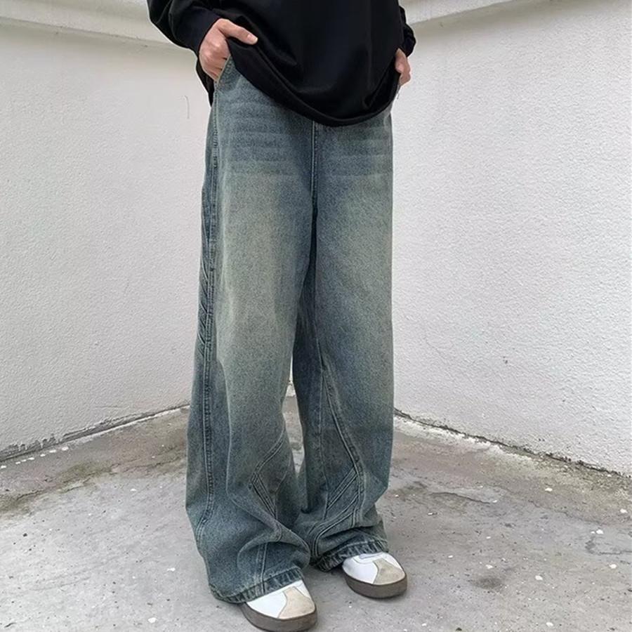 American retro washed wide-leg jeans men's tide autumn loose straight drape pants design pants men
