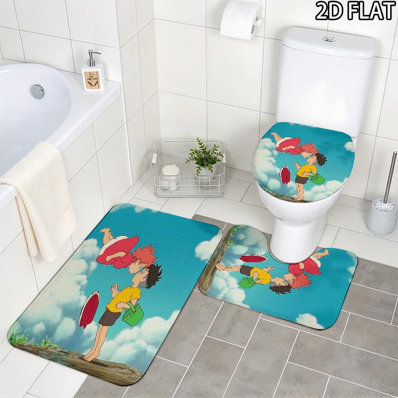 3pcs Ponyo2 Pattern Flannel Nonslip Absorbent Washable Decorative Bathroom Home Toilet Seat Cover Mat