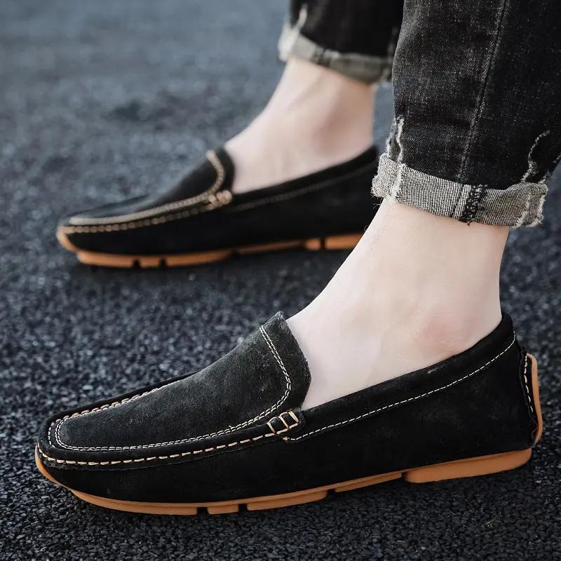 Fashion New Men Casual Shoes Fashion Summer Mens Shoes Suede Leather Mens Loafers Moccasins Brand Slip On Male Flat Driving Shoes Brown