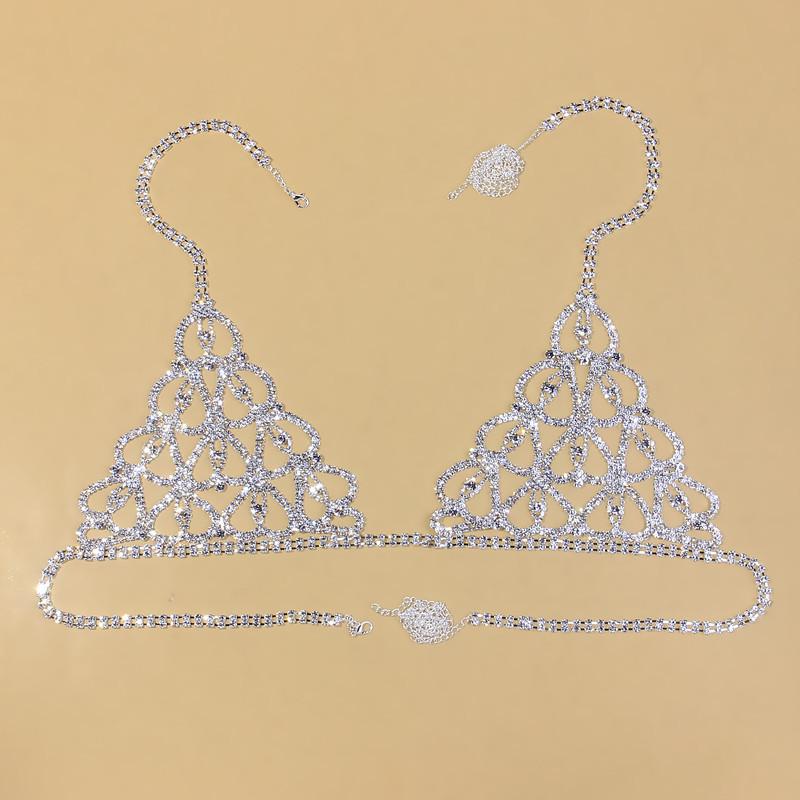 Sexy body chain, chest chain, fashionable luxury, heart-shaped rhinestone, lingerie set, nightclub clothing