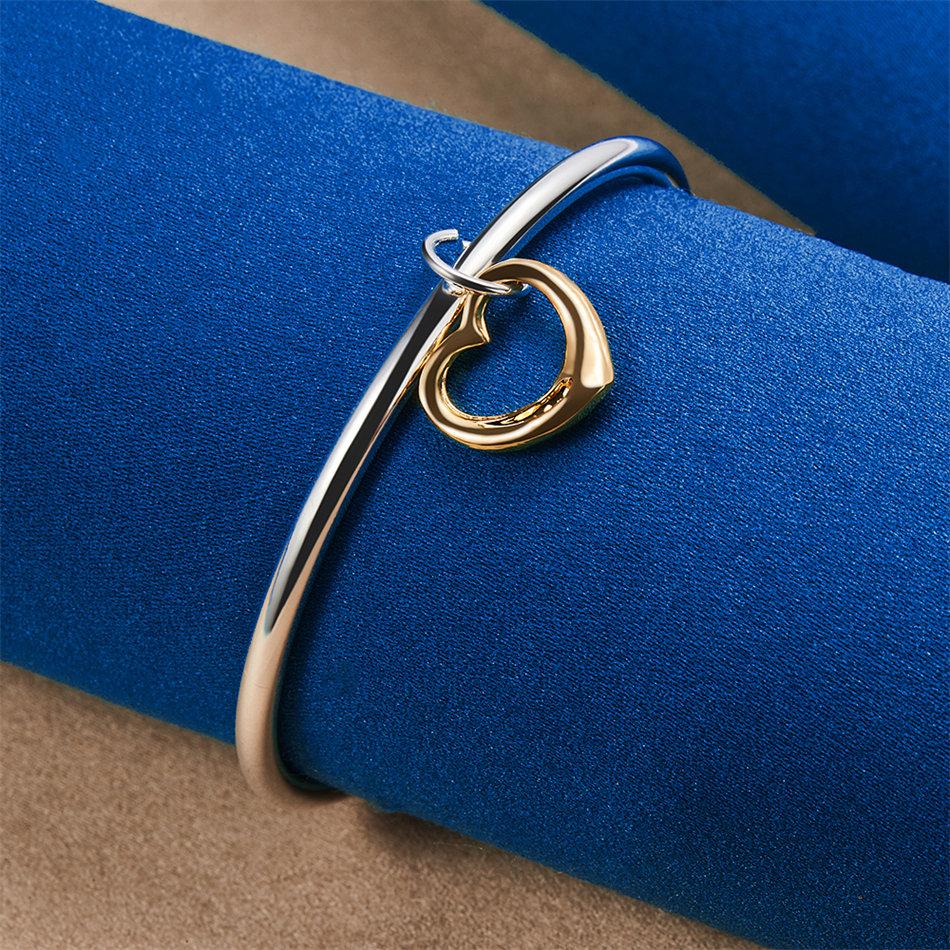 Luxurious 925 sterling silver exquisite gold heart-shaped open bracelet for women's fashion parties, wedding jewelry
