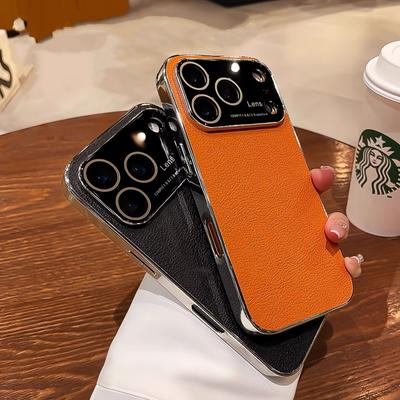 Luxury Vegan Leather Plating Shockproof Phone Case for iPhone 17 Air 16 15 14 Plus 13 12 Pro Max Glass Lens Protect Matte Cover