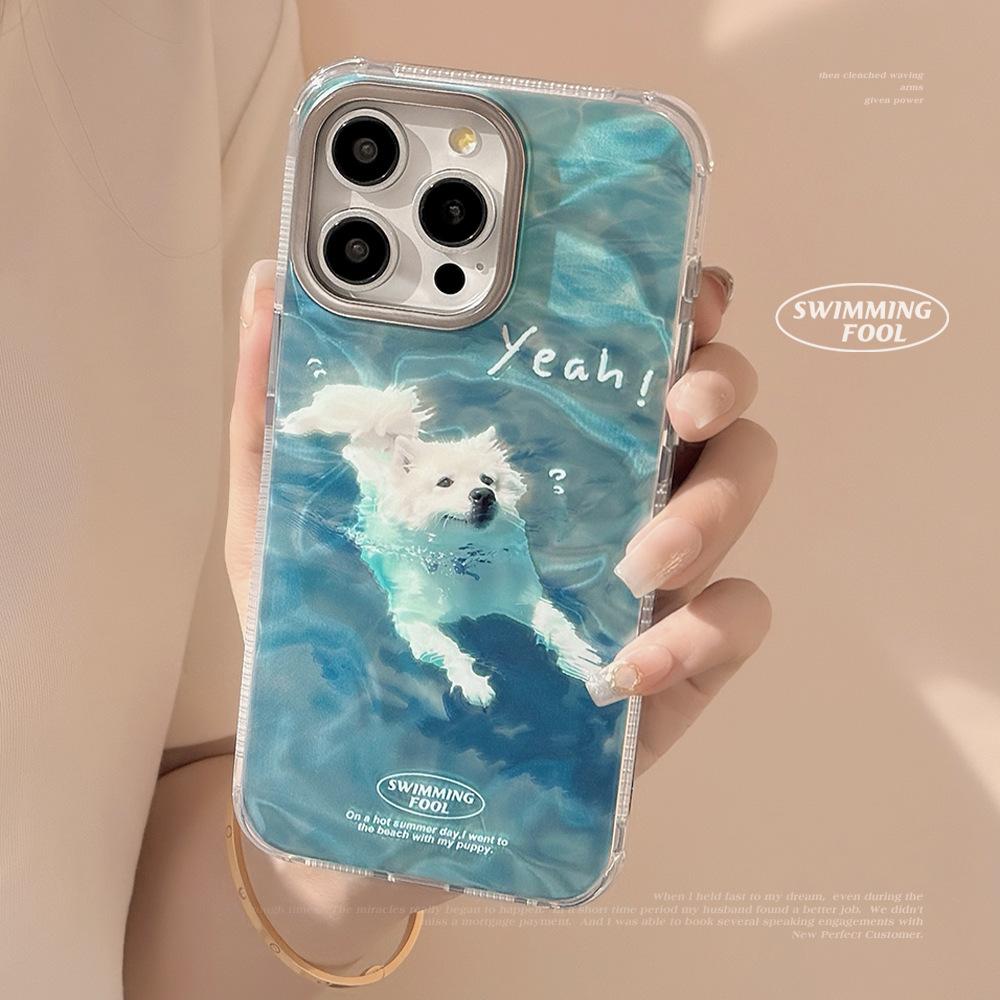 Cute Summer Swimming Puppy Apple 15 Mobile Phone Case Suitable for 14promax Water Ripple IPhone 16 Cartoon
