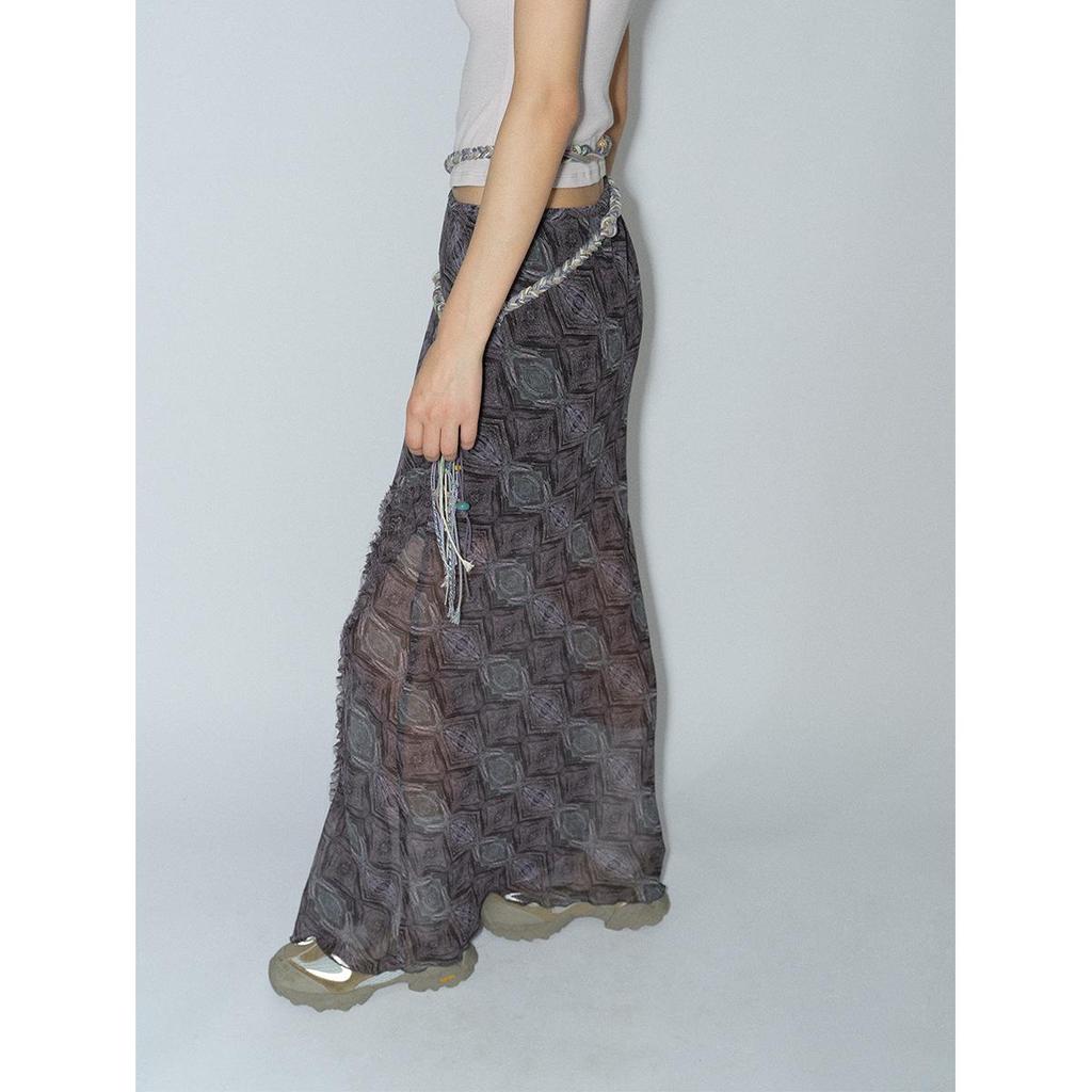 [Shishi] Women's Geometric Print Bias-Cut Long Dress with Ruffle Trim V8039