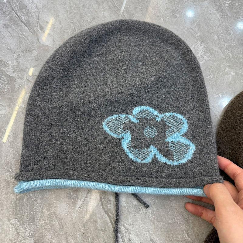 Ins Wool Drawstring Flower Soft Waxy Knitted Hat Men and Women Autumn and Winter Versatile Face Small Pile Hat Cold Hat