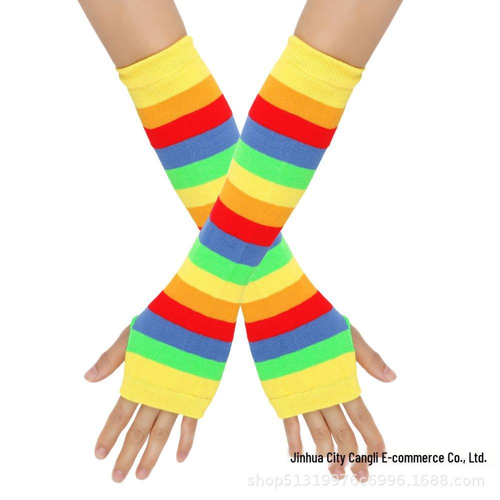 Guanti da ballo in cotone a righe arcobaleno senza dita da donna con protezione solare