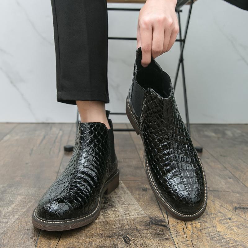 Men's Formal Chelsea Boots Woven Design Leather Ankle Boots Business Casual Dress Shoes for Autumn Winter Slip On High Top