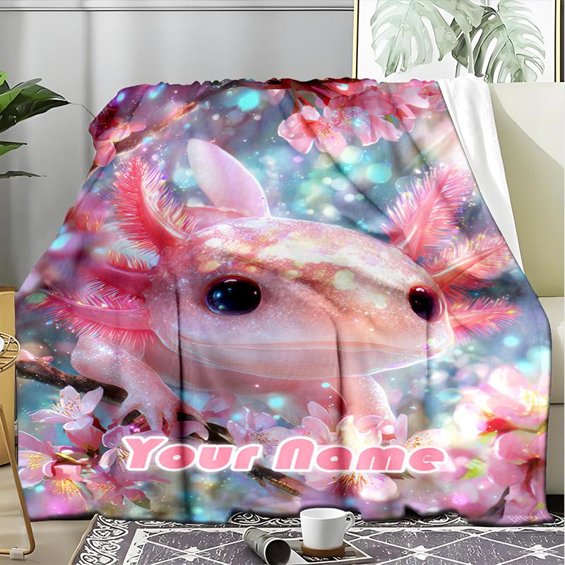 1PC Custom Name Axolotl Blossom Garden Outdooor Flannel Blankets Patterns Throw Blanket All-Season Soft Gift for Couch, Bed, Camping Gifts