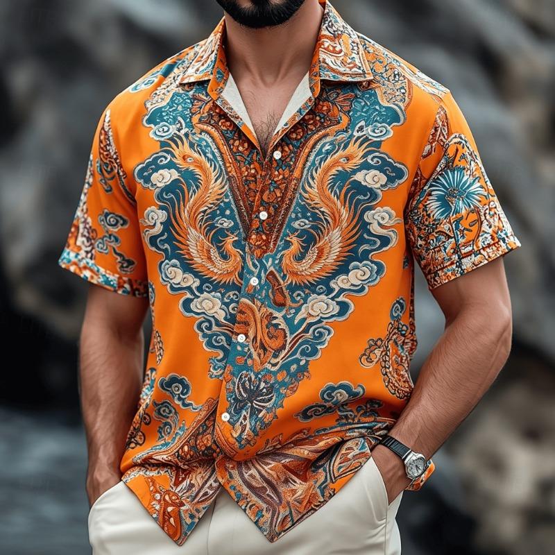 Men's Vintage Boho Paisley Print Short Sleeve Shirt, Retro Ethnic Button-Down Spring Summer Top