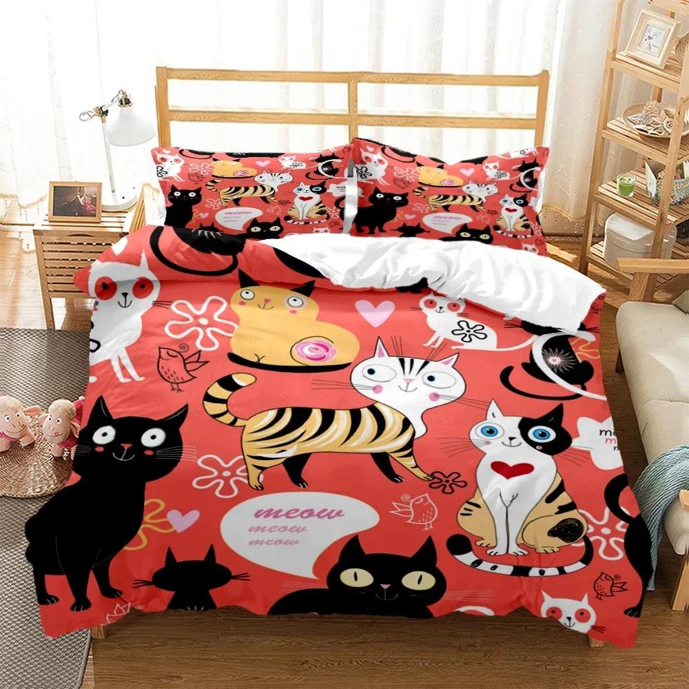 New 3D Print Cartoon Cat Print Comfortable Duvet Quilt Cover Pillowcase Bedding Set Children Bedroom Decoration Home Textile