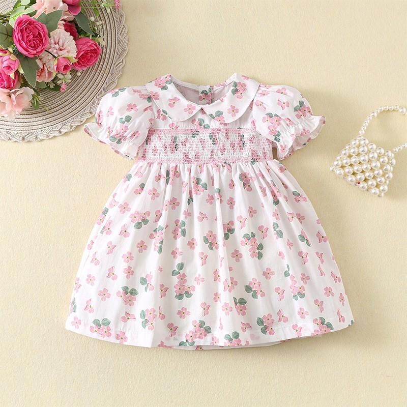 Summer Girls Pink Floral Smocked Cotton Dress Cute Breathable Princess Party Dress For Toddler Baby 90cm розовый