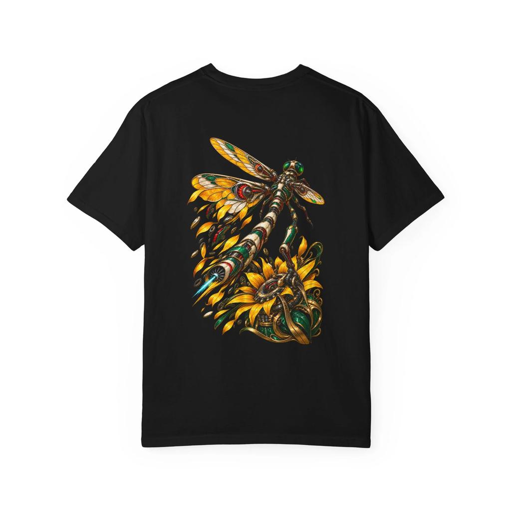 Dragonfly Sunflower Turbine Graphic T-Shirt Black Back Print Comfort Colors 1717