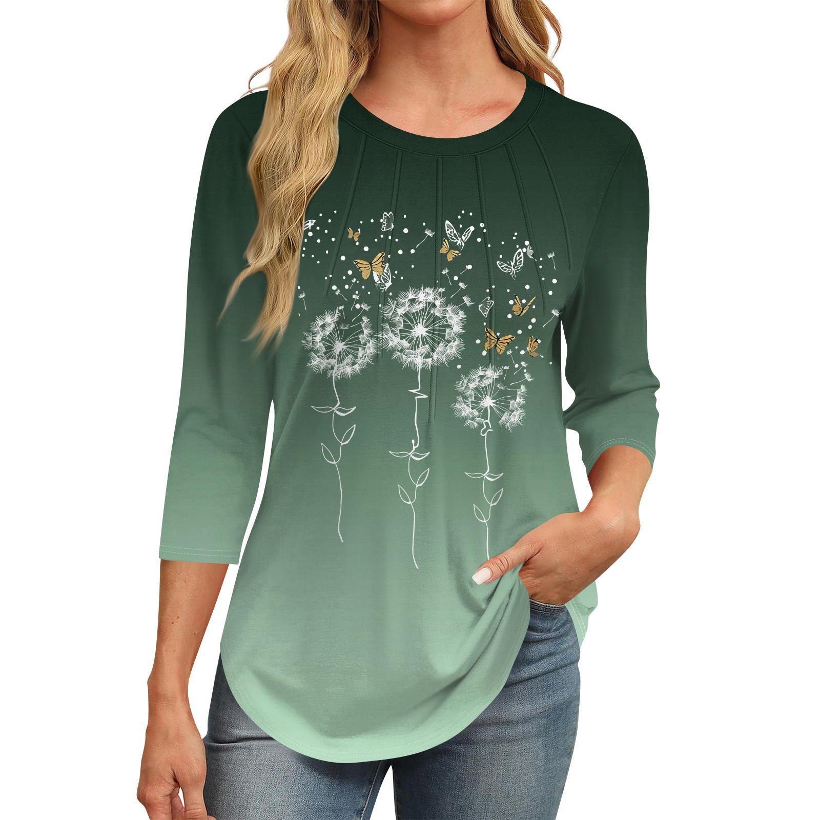 

Женский повседневный топ с круглым вырезом и принтом подсолнечника, плиссированный L армия зеленый