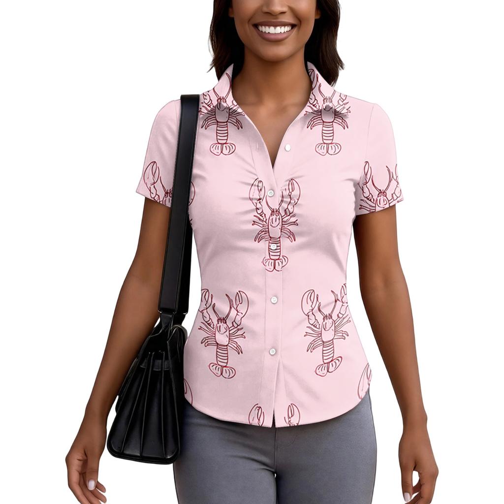 Women's Short Sleeve Button Down Shirt Slim Fit Lobster Print Collared Summer Blouse Lightweight Casual Top for Daily Wear