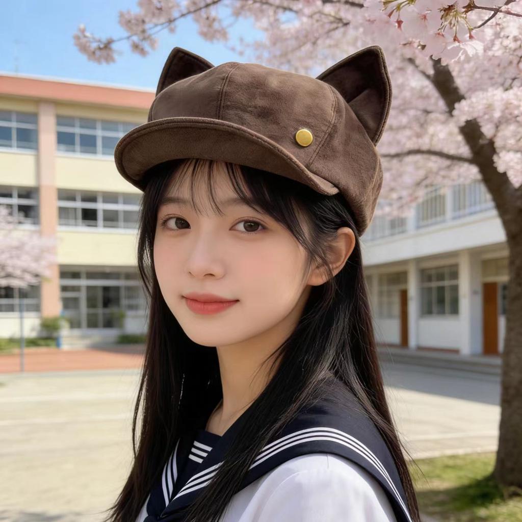 Cat Ear Beret Hat for Women, Autumn/winter New Face-flattering Small Vintage Faux Suede Octagonal Painter Newsboy Hat