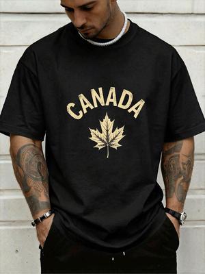 Men Crew Neck Canada Maple Leaf Letter Print Short Sleeve Cotton Tee Casual Summer Streetwear L