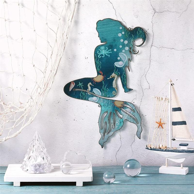 Good-Metal Mermaid Wall Art Rustic Hanging Mermaid Wall Decor Blue Metal Mermaid Decorations Elegant Mermaid Sculpture 25Cm Dura