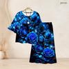 Women Plus Size White Two Piece Set Round Neck Flared Half Sleeve Printed Top Long Skirt