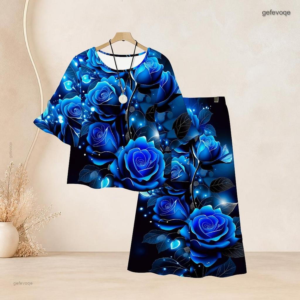 Women Plus Size White Two Piece Set Round Neck Flared Half Sleeve Printed Top Long Skirt