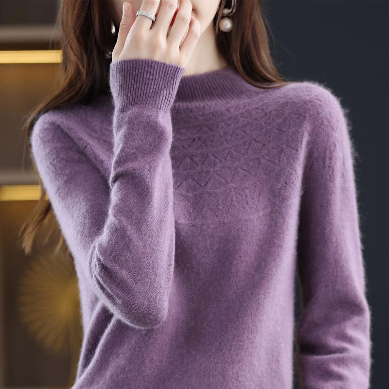 Women's 100% Wool Slimming Cashmere Knit Sweater - Half High Neck, Seamless, Hollow Out Design for Autumn/Winter