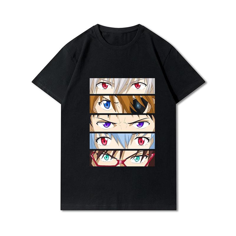 Pánská trička s potiskem Evangelion nadměrných velikostí Bavlněné topy Letní Anime Neformální Černá trička