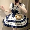 Dolce Carina Ragazza Set Manica Corta con Collo Blu Stile Giapponese Kawaii Lolita Vestiti Set con Fiocco di Pizzo Vestito da Festa Principessa con Collo da Marinaio