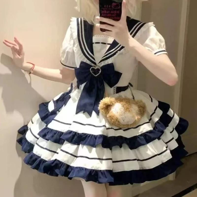 Dolce Carina Ragazza Set Manica Corta con Collo Blu Stile Giapponese Kawaii Lolita Vestiti Set con Fiocco di Pizzo Vestito da Festa Principessa con Collo da Marinaio