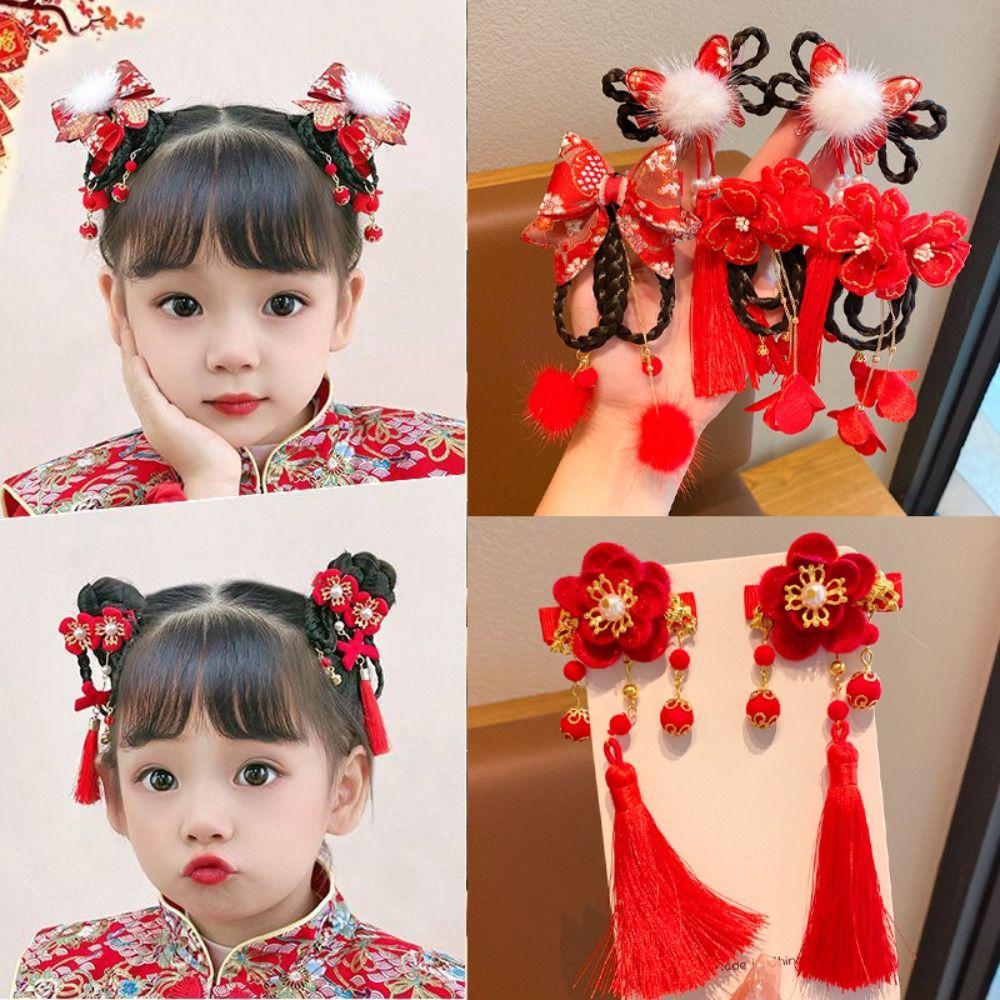 Flower Children Wig Hairpin Tassel Hanfu Hair Sticks Simple Red Bow Hairpin  Children