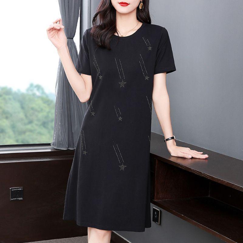 Women's Summer 2026 Plus Size Slimming A-line Black Dress - Mid-Length, Short Sleeve, Casual T-Shirt Style