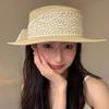 Spring Summer Bow Ribbon Straw Hat French Style Flat Top Sun Hat New Bow Lace Straw Hat  for Lady