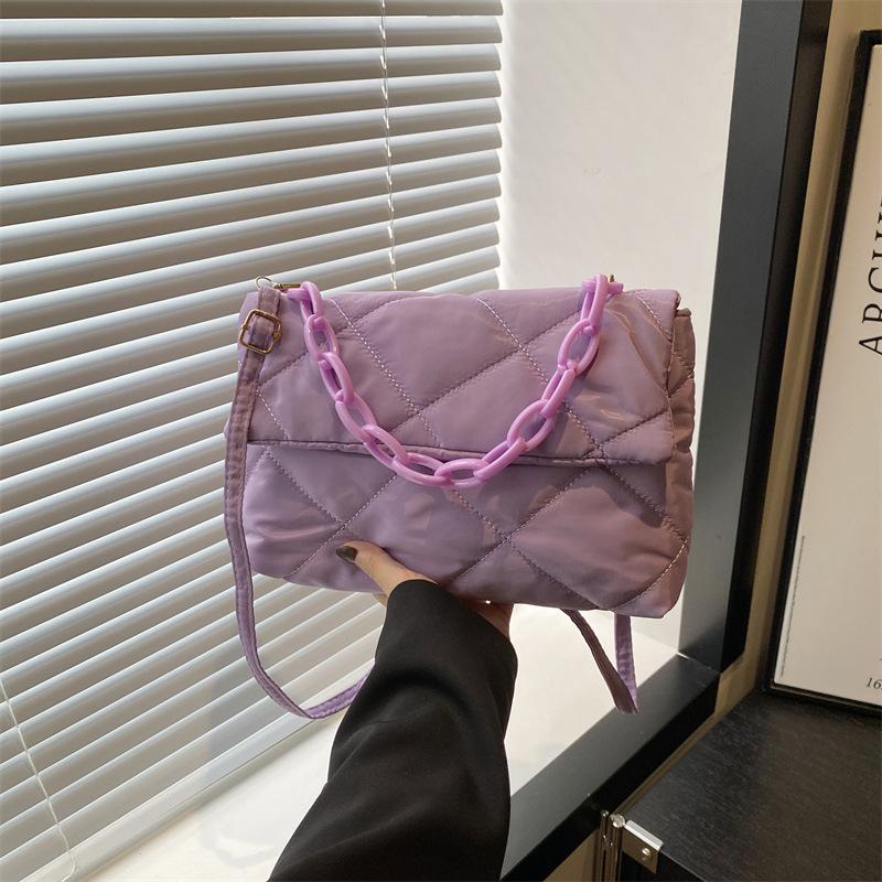 Geantă de mână matlasată de iarnă, căptușită cu bumbac, pentru femei, cu lanț, model rombic, designer, geantă din puf de pene, poșetă, genți tote de umăr pentru doamne