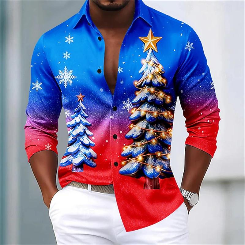 Christmas Men s Long-Sleeve Shirt with 3D Printed Santa Claus and Snowflake Pattern, Casual Men s Shirt for Holiday Parties S