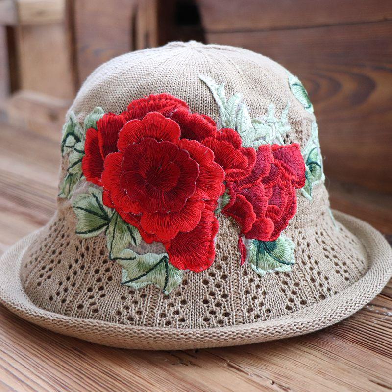 Vår og sommer etnisk vind broderi blomst sammenleggbar hatt dame strikkelue sandbøttehatt